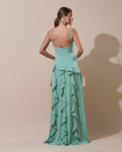 Foto Vestido de Festa Longo Decote V Crepe Chiffon Babados Cascata e Fenda Verde Menta