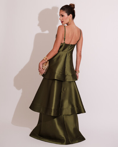 FotoVestido de Festa Longo Zibeline em Camadas Decote em V com Alças Verde Oliva