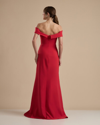 FotoVestido de Festa Longo Alfaiataria Ombro a Ombro com Fenda Vermelho