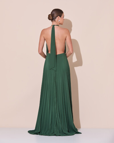 Foto Vestidos de Festa Longo Chiffon Fluido Frente Única Plissado Duplo Verde Escuro New