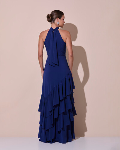 Foto Vestido de Festa Longo Chiffon Crepe Gola Alta Babados Azul Marinho
