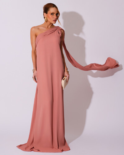 Foto Vestido de Festa Longo Crepe Chiffon Um Ombro Só Drapeado Rose