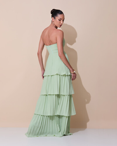 Foto Vestido de Festa Longo Tomara que Caia Crepe Chiffon Plissado Camadas Verde Menta New