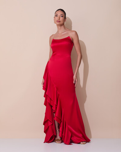 Foto Vestido de Festa Longo Tomara que Caia Cetim Babado Fenda Vermelho