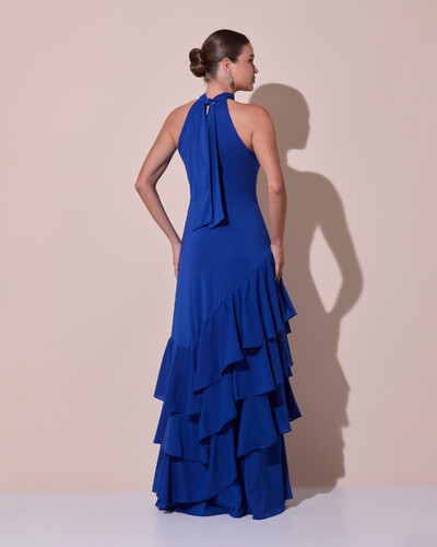 Foto Vestido de Festa Longo Chiffon Crepe Gola Alta Babados Azul Royal