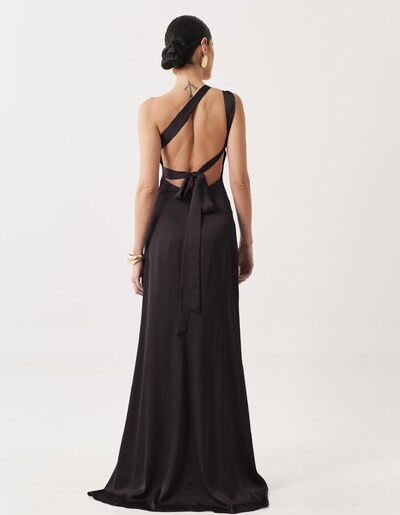 FotoVestido de Festa Longo Cetim Fluido Um Ombro Só Amarração Costas Preto