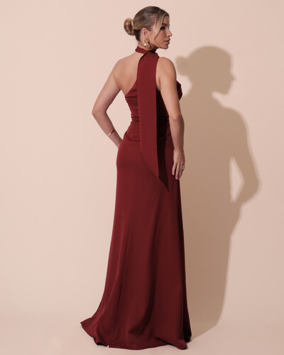 FotoVestido de Festa Longo Alfaiataria Um Ombro Só Detalhe Drapeado Marsala
