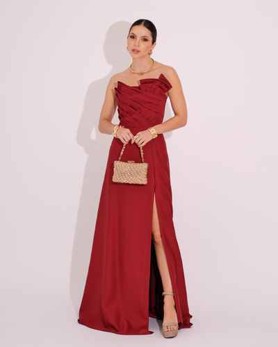 Foto Vestido de Festa Longo Alfaiataria Tomara que Caia com Fenda Detalhe Marsala