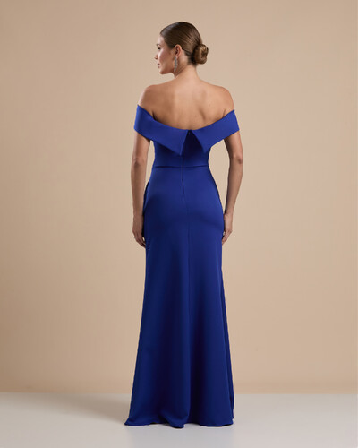 FotoVestido de Festa Longo Ombro a Ombro com Fenda em Alfaiataria Azul Royal