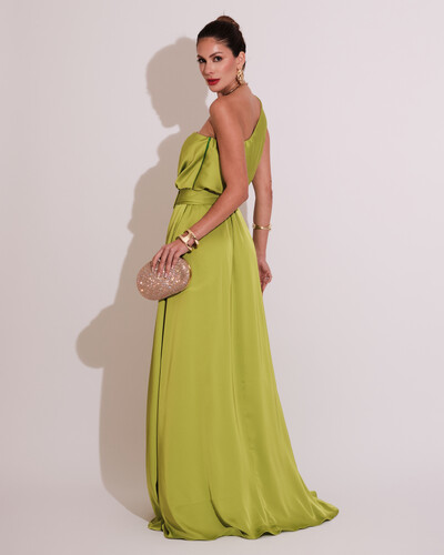 FotoVestido Longo um Ombro com Busto Blousê e Fenda Verde Lima
