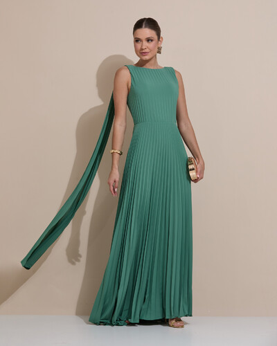 Foto Vestido de Festa Longo Crepe Chiffon Plissado com Lenço nas Alças Verde Matcha Escuro
