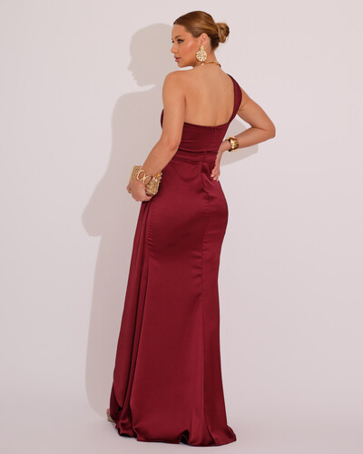 FotoVestido de Festa Longo Cetim Alfaiataria Tomara que Caia Faixa Marsala
