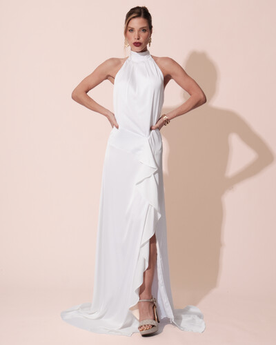 Foto Vestido Longo de Festa Cetim Fluido Gola Alta e Babado Cascata Branco