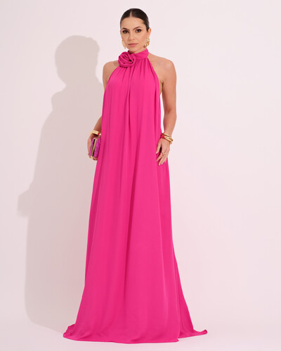 Foto Vestido Longo Crepe Chiffon Frente Única Fluido Flor Removível Pink