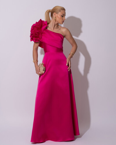 Foto Vestido de Festa Longo Zibeline um Ombro Só Flor Drapeado Pink