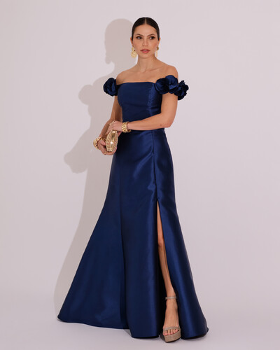 Foto Vestido Longo de Festa Zibeline Ombro a Ombro com Flores e Fenda Azul Marinho