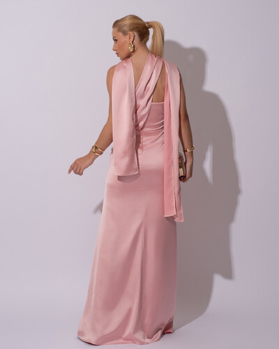 FotoVestido de Festa Longo Cetim Alfaiataria Tomara que Caia com Faixa Lenço Rose Gold