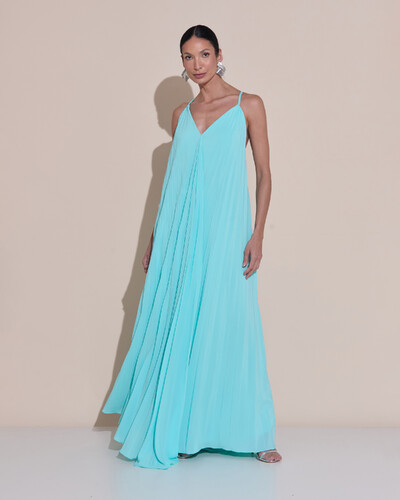 Foto Vestido de Festa Longo Plissado Crepe Chiffon Decote V Alças Finas Tiffany