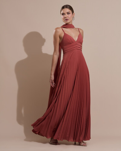 Foto Vestido de Festa Longo Plissado Crepe Chiffon com Alça e Lenço Terracota