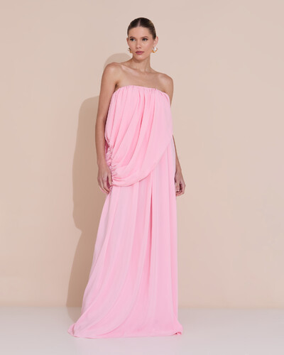 Foto Vestido de Festa Longo Tomara Que Caia Crepe Chiffon Drapeado Rosa Claro