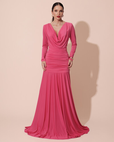 Foto Vestido de Festa Longo Malha Degagê Drapeado Manga Longa Pink New