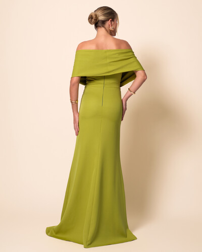 FotoVestido de Festa Longo Alfaiataria Ombro a Ombro Laço e Fenda Azul Verde Pistache