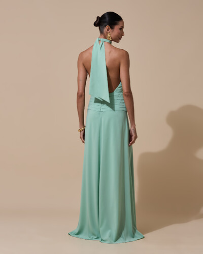 Foto Vestido de Festa Longo Frente Única Busto Blousê Crepe Chiffon Drapeado Verde Menta