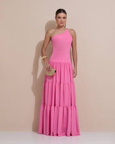 Foto Vestido de Festa Longo Um ombro Só Crepe Chiffon Saia Fluida Rosa