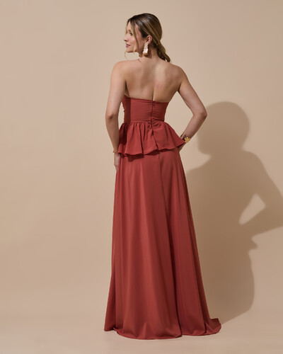 Foto Vestido de Festa Longo Crepe Chiffon Tomara que Caia Peplum Drapeado Terracota