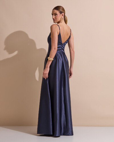 Foto Vestido de Festa Longo Alça Fina Decote V Cetim Saia Evasê Azul Marinho Escuro
