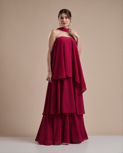 Foto Vestido de Festa Longo Chiffon Crepe em Camadas com Lenço Cereja