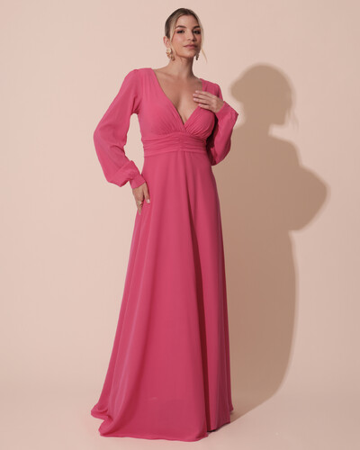 Foto Vestido de Festa Manga Longa com Cintura Drapeada Decote V Pink New