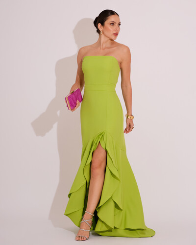 Foto Vestido Longo com Fenda de Babados Alfaiataria Verde Lima