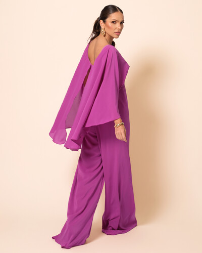 FotoMacacão de Festa Longo Crepe Chiffon com Capa Fúcsia