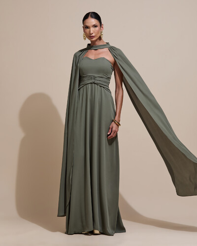 Foto Vestido de Festa Longo Tomara Que Caia Crepe Chiffon Drapeado Capa Verde Oliva