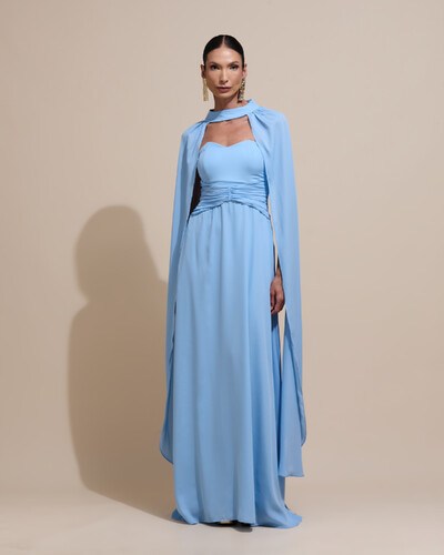 Foto Vestido de Festa Longo Tomara Que Caia Crepe Chiffon Drapeado Capa Serenity