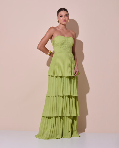 Foto Vestido de Festa Longo Tomara que Caia Crepe Chiffon Plissado Camadas Verde Claro