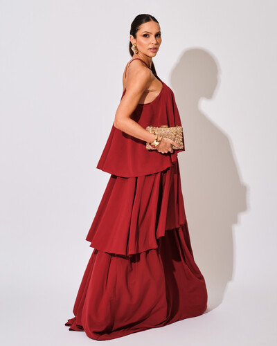 FotoVestido Longo Babado em Camadas Marsala Escuro