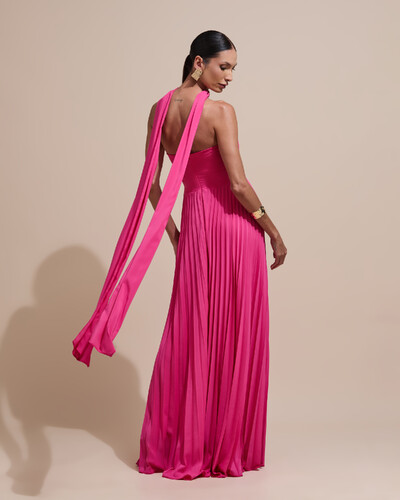 Foto Vestido de Festa Longo Tomara que Caia Plissado com Lenço Pink New