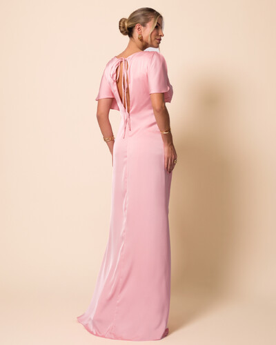 FotoVestido de Festa Longo Cetim Fluido Manga Curta Drapeado Rose