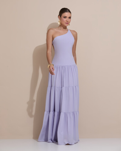 Foto Vestido de Festa Longo Um ombro Só Crepe Chiffon Saia Fluida Lilás Claro