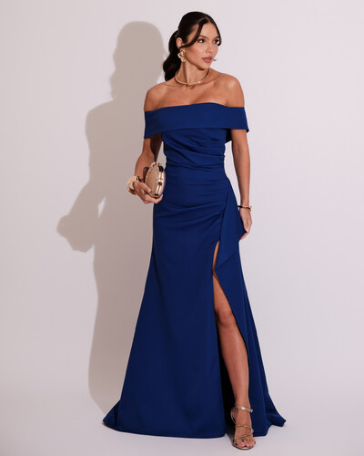 Foto Vestido de Festa Longo Ombro a Ombro com Fenda em Alfaiataria Azul Royal