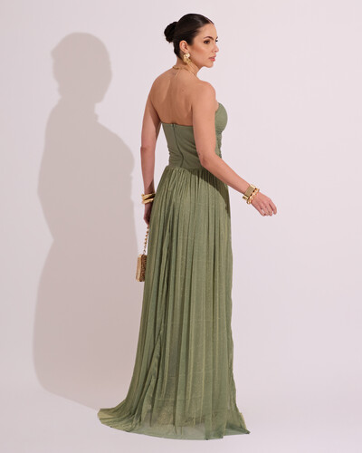 FotoVestido de Festa Longo Tule Brilho Tomara que Caia Recortes Verde Oliva