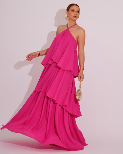 Foto Vestido Longo Babado em Camadas Pink