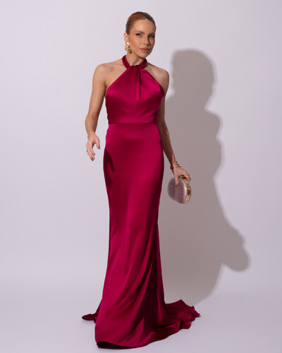 Foto Vestido de Festa Longo em Cetim Alfaiataria com Elastano Frente Única Beterraba