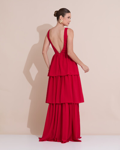 Foto Vestido de Festa Longo Decote V Crepe Chiffon Plissado Camadas Babado Vermelho