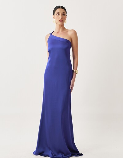 Foto Vestido de Festa Longo Cetim Fluido Um Ombro Só Amarração Costas Azul Royal