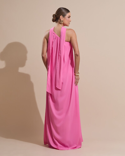 Foto Vestido de Fersta Longo Crepe Fluido um Ombro Só com Lenço Rosa