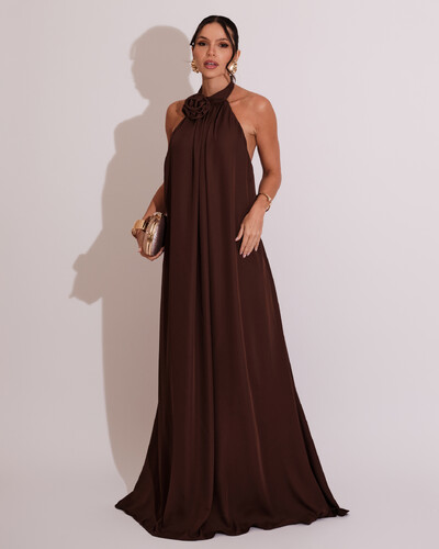 Foto Vestido Longo Crepe Chiffon Frente Única Fluido Flor Removível Marrom