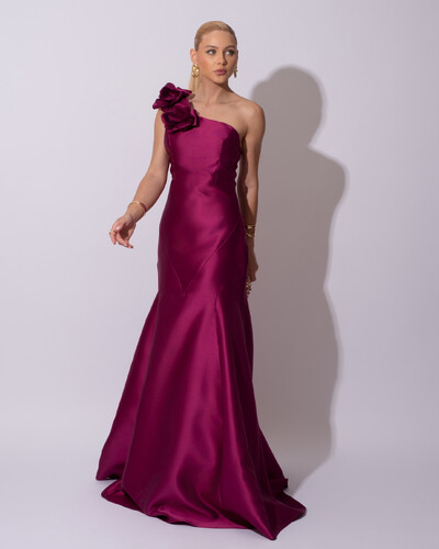 Foto Vestido de Festa Longo Zibeline um Ombro Só Flor Removível Saia Sereia Fúcsia